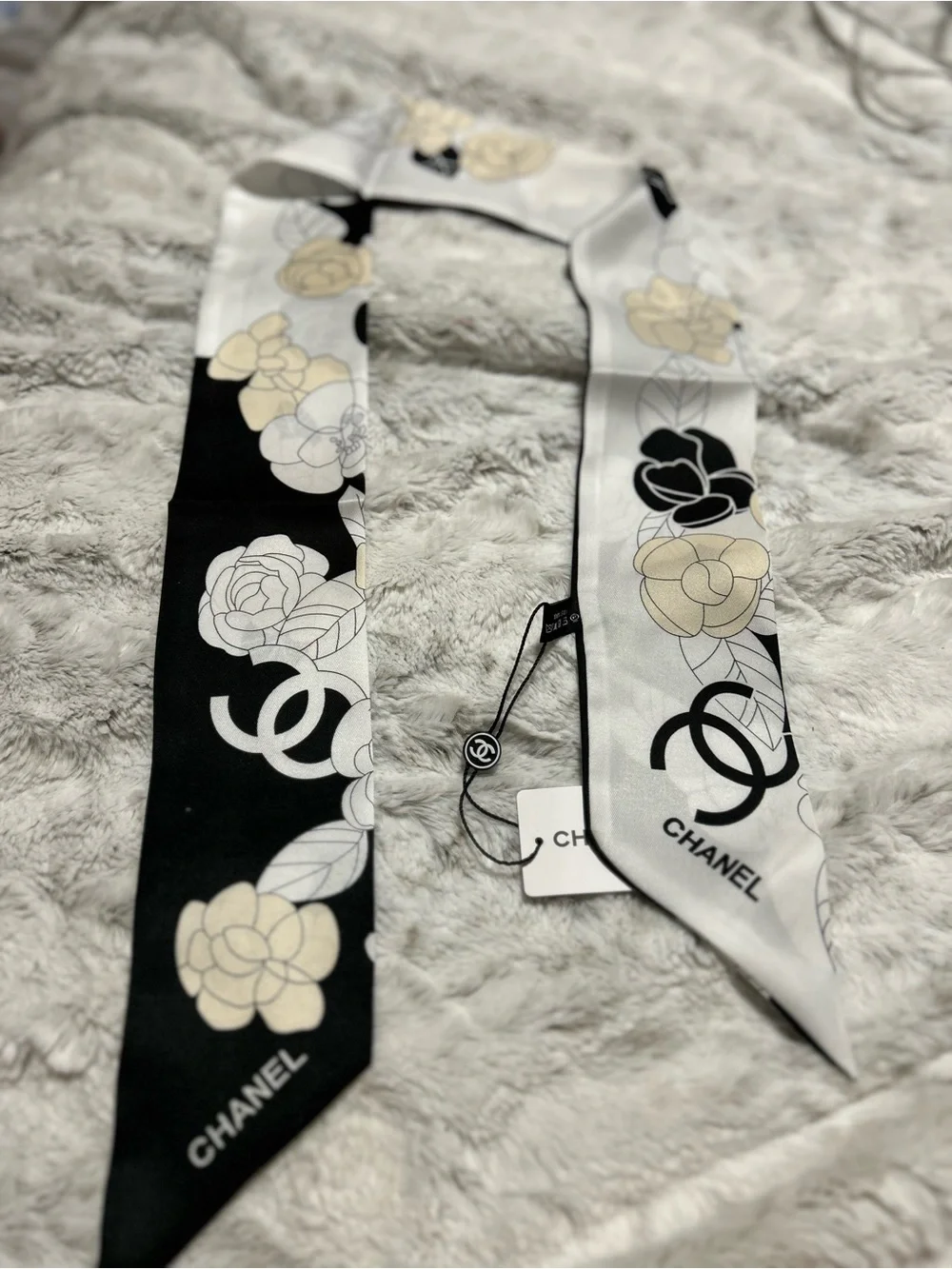 Double C Black & White Camellia Silk Twilly Scarf
